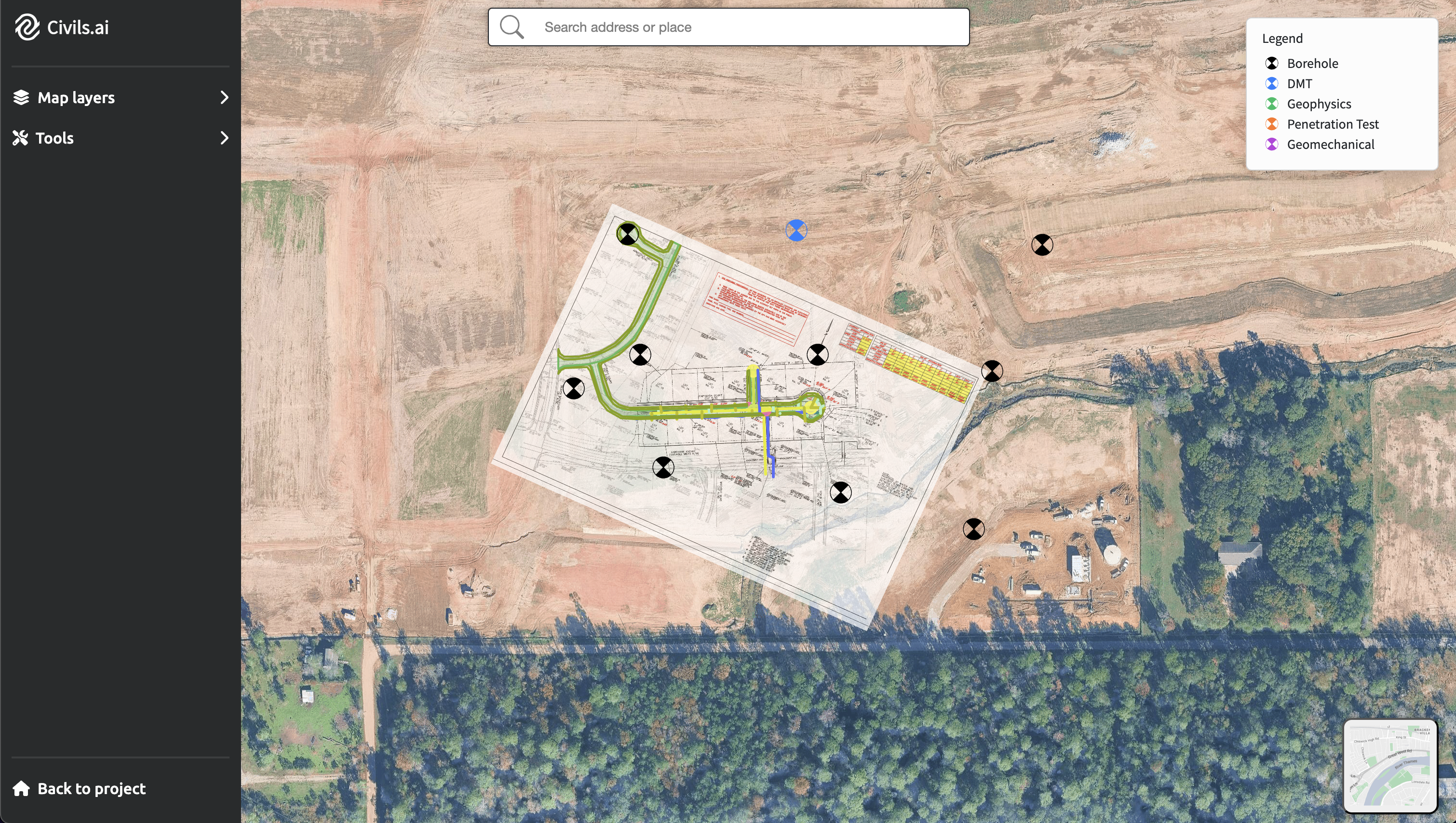 ai quantity takeoffs for groundworks showing roadworks quantities overlaid on borehole data