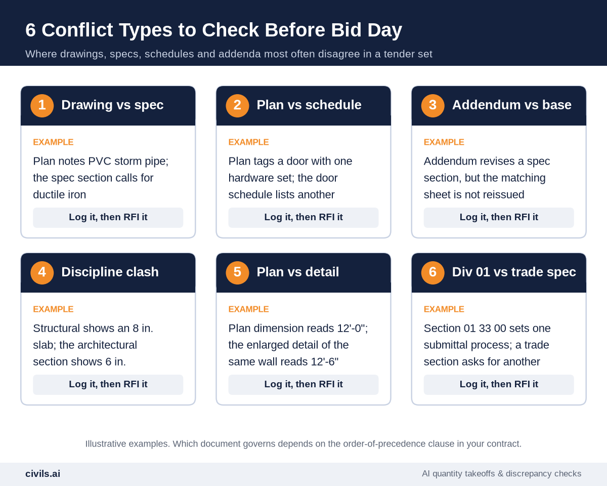 Six conflict types to check before bid day: drawing vs spec, plan vs schedule, addendum vs base set, discipline clash, plan vs detail, and Division 01 vs trade spec, each with an example and the instruction to log it and then RFI it