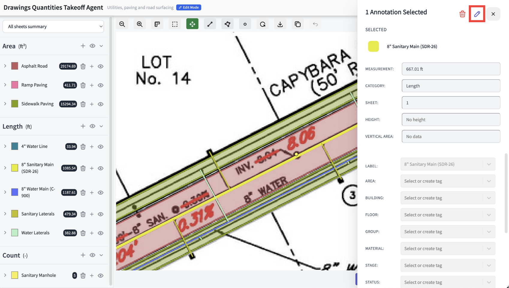 edit drawing takeoff measurements