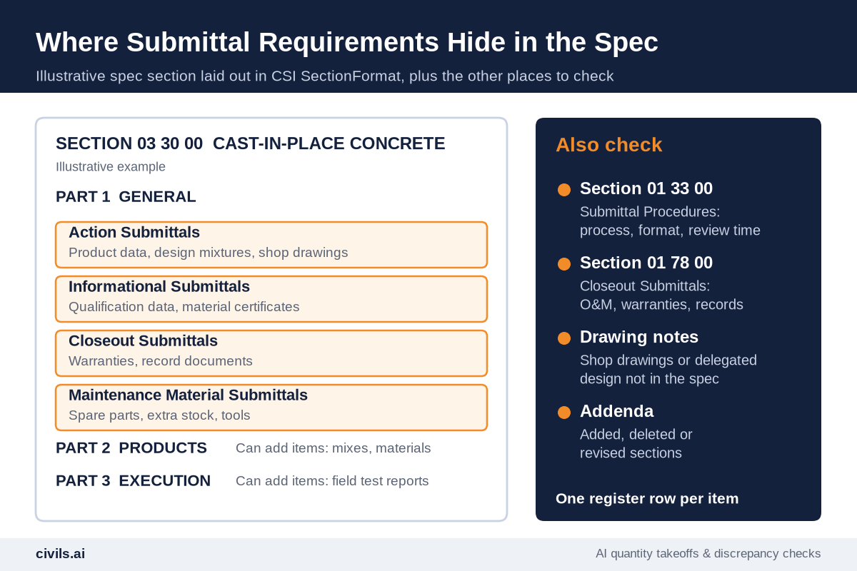 Anatomy of a spec section showing where submittal requirements sit: Part 1 General holds the action, informational, closeout and maintenance material submittal articles, Parts 2 and 3 can add more, and Division 01 Section 01 33 00, closeout sections, drawing notes and addenda should also be checked